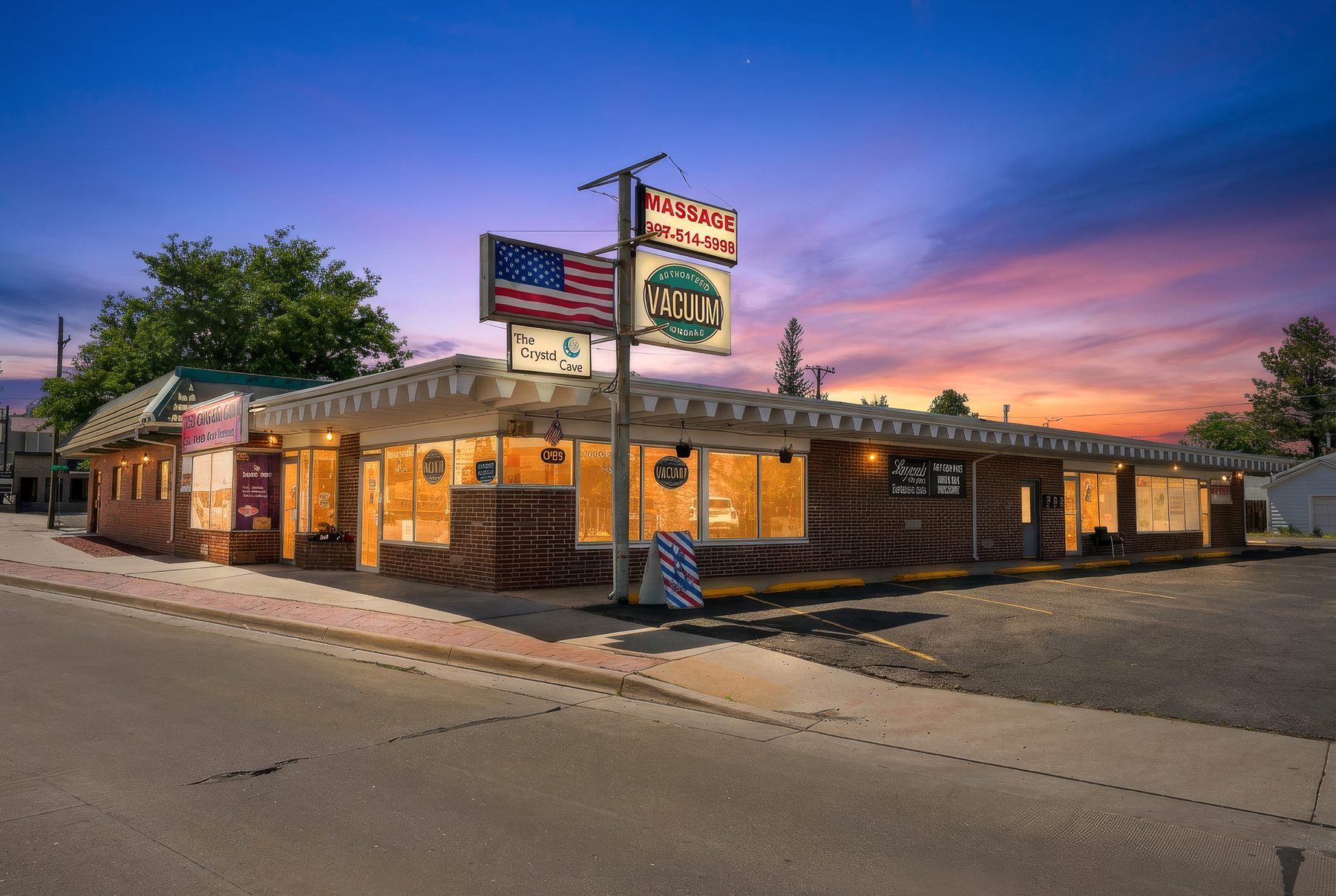 The shop at dusk with interior lights on